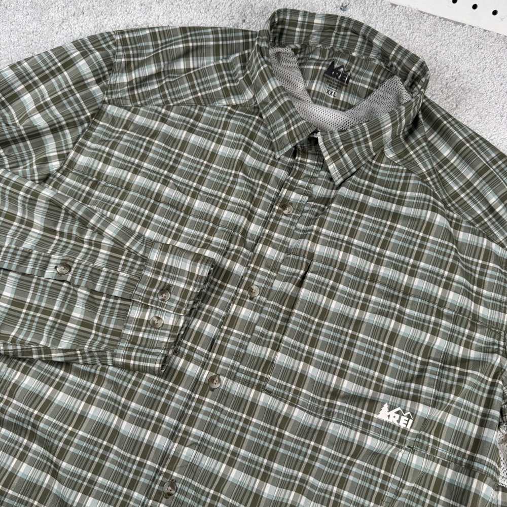 REI Button Up Shirt Plaid Mens XXL Green Long Sleeve Hiking Outdoor Fishing 2XL
